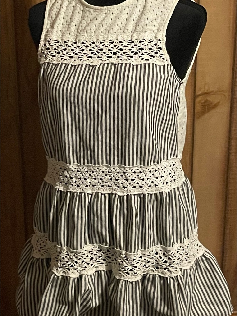 English Factory Black and White Striped Crochet Trim Mini Dress